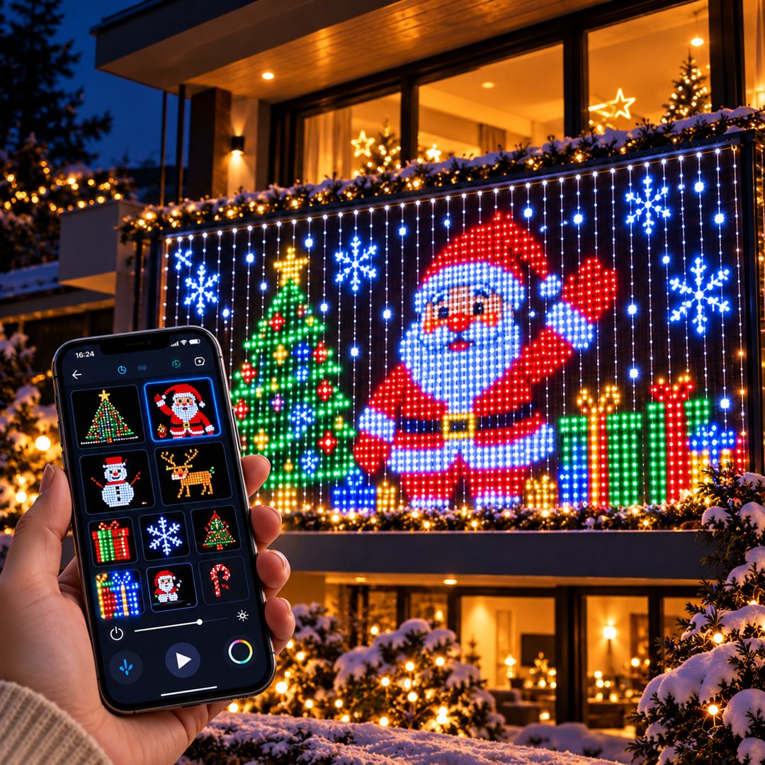 Handy-App steuert einen Pixel-Weihnachtsmann auf dem LED-Lichtvorhang am Balkon