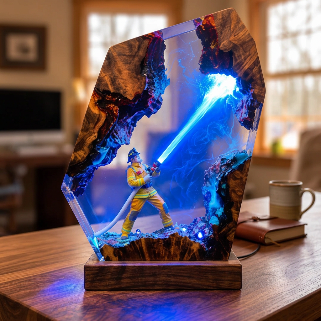 Firefighter epoxy resin lamp glowing blue on a wooden desk – gift for a firefighter – Woodiny