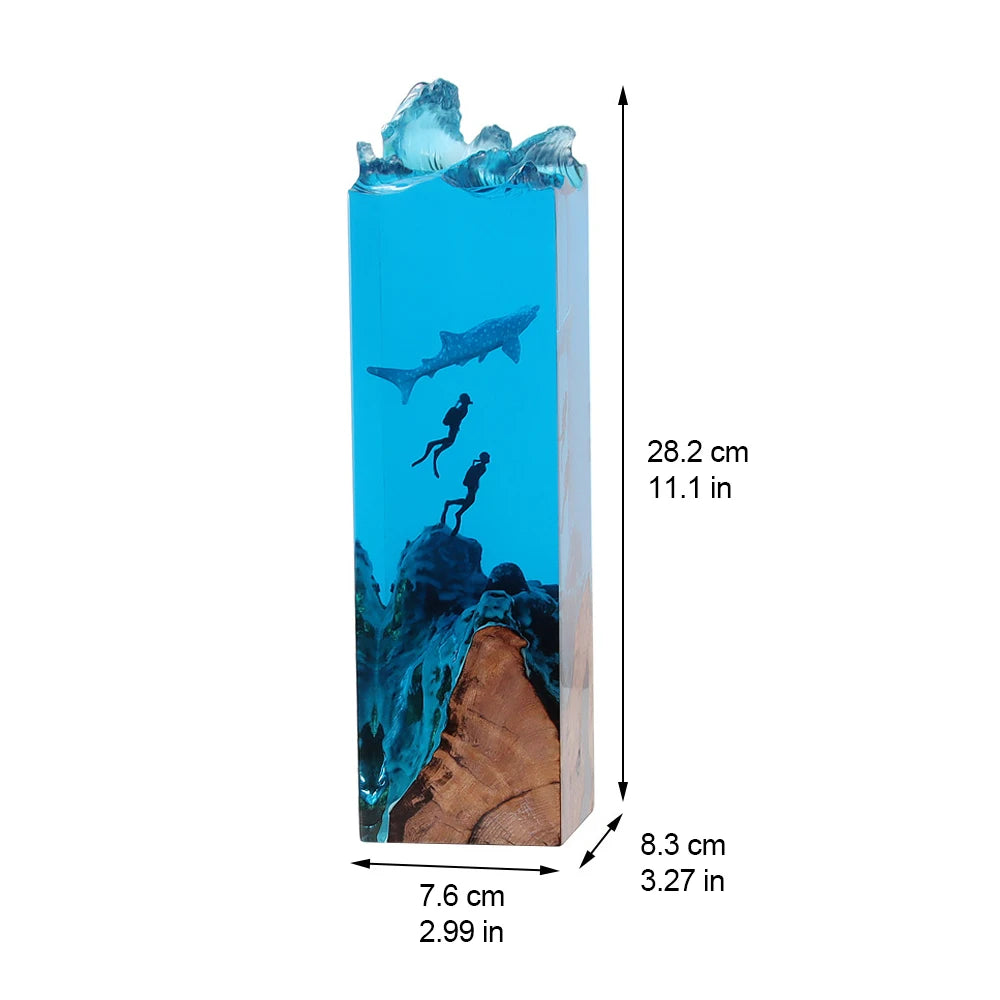 Whale Shark Encounter resin lamp dimensions: 28.2 cm tall, 7.6 x 8.3 cm base