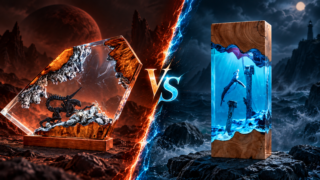 Epoxy resin table lamps with glowing ocean scenes on natural wood bases