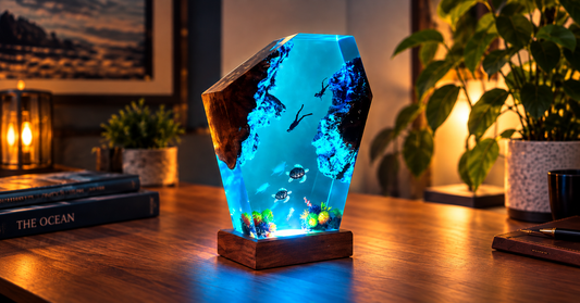 Handmade ocean resin lamp with LED base, photographed as a unique gift idea