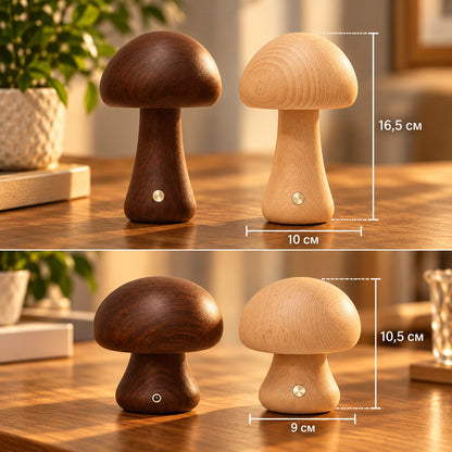 Forest Mushroom lamp sizes: 16.5 cm and 10.5 cm tall, dark and light wood – Woodiny