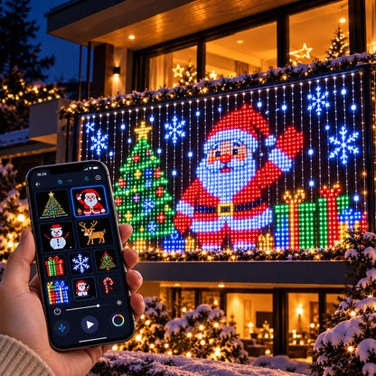 Handy-App steuert einen Pixel-Weihnachtsmann auf dem LED-Lichtvorhang am Balkon