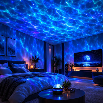 Blue aurora waves projected across a bedroom ceiling and walls – Woodiny