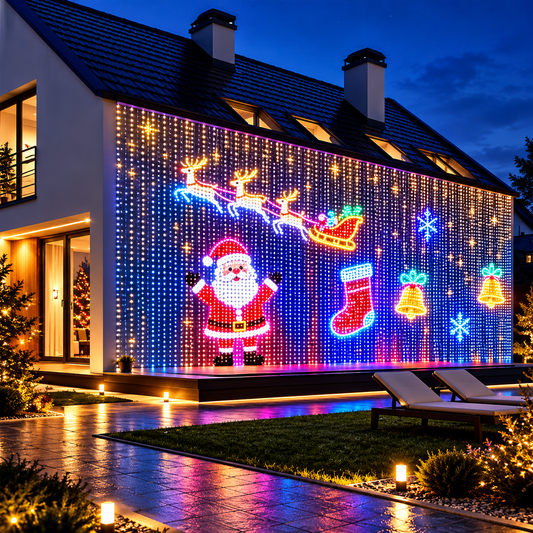 Living Curtain smart LED curtain lights showing a Christmas animation on a house – Woodiny