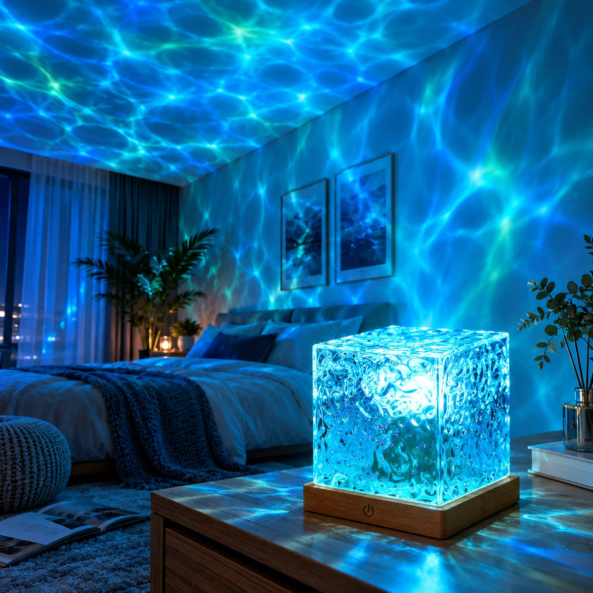 Ocean Waves Rotating Water Ripple Projector Lamp glowing blue on a nightstand | Woodiny