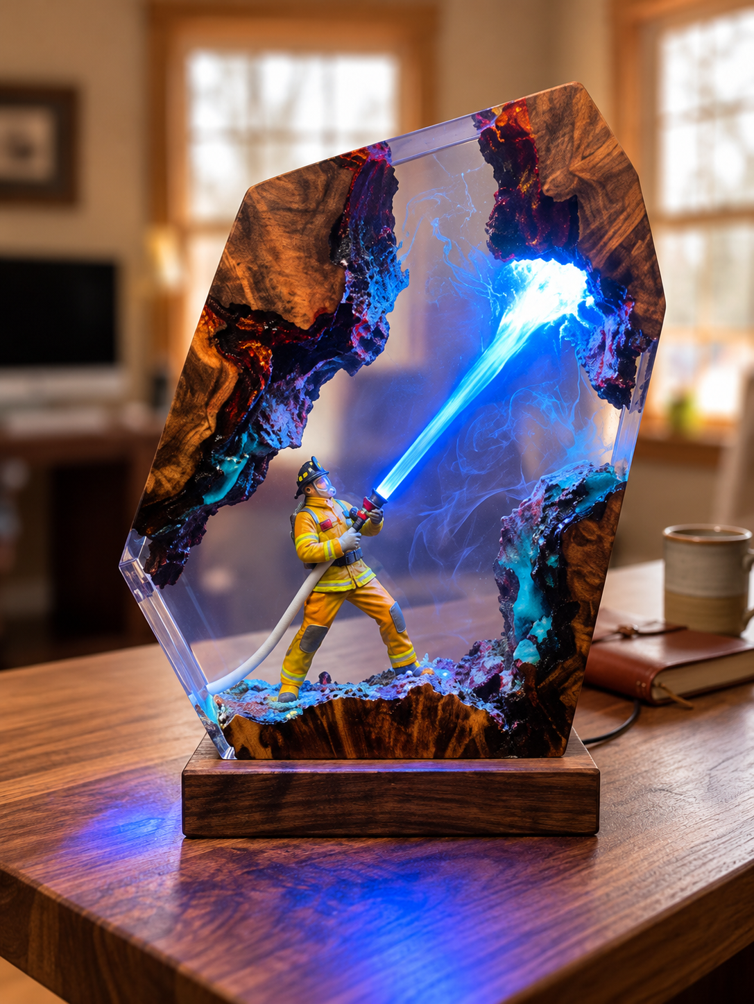 Firefighter epoxy resin lamp glowing blue on a wooden desk – gift for a firefighter – Woodiny