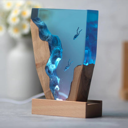 Side view of the Double Dive resin lamp showing the live-edge wood canyon – Woodiny