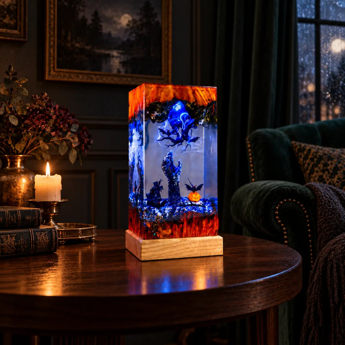 Halloweenská lampa Noc na hřbitově v gotickém interiéru za měsíčního svitu – Woodiny
