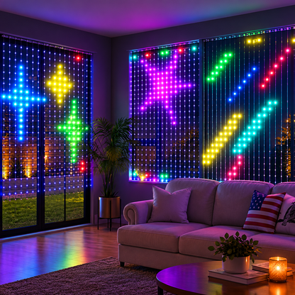 Smarter LED-Lichtvorhang mit leuchtenden bunten Sternen und Formen im Wohnzimmerfenster – Woodiny