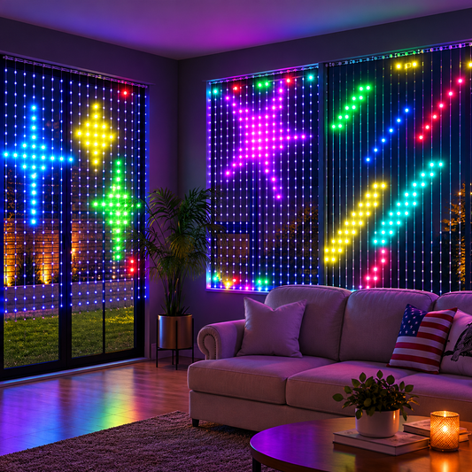 Smart LED curtain lights glowing with colourful stars and shapes in a living room window – Woodiny