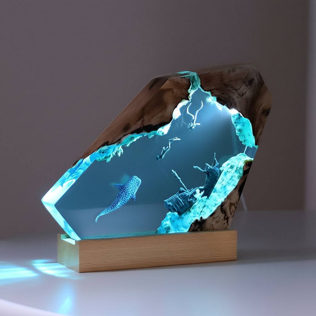 Deep sea whale lamp underwater scene – Woodiny
