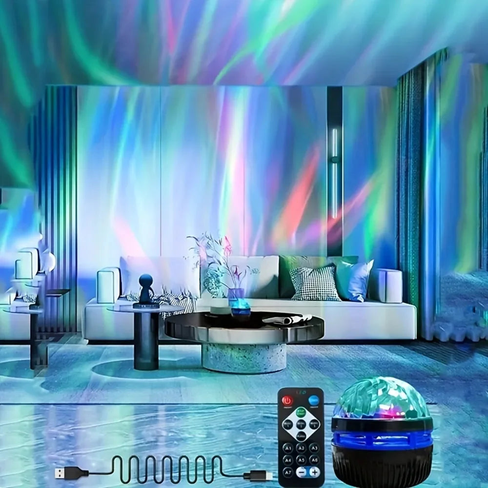 Northern lights projector creating aurora waves in a living room