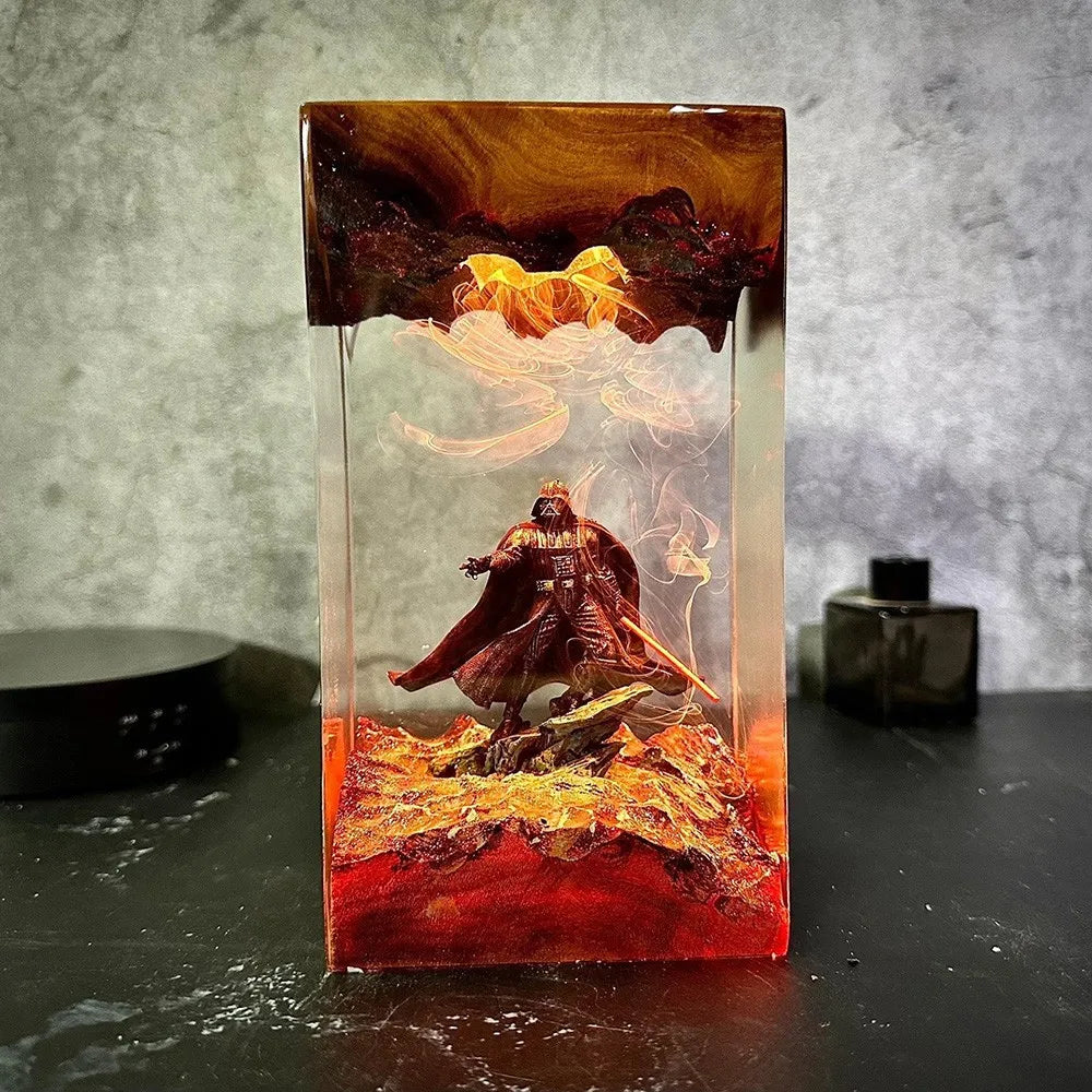 Lone Warrior resin lamp with fiery red-orange glow and smoke effect – Woodiny