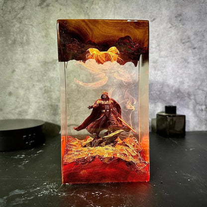 Lone Warrior resin lamp with fiery red-orange glow and smoke effect – Woodiny