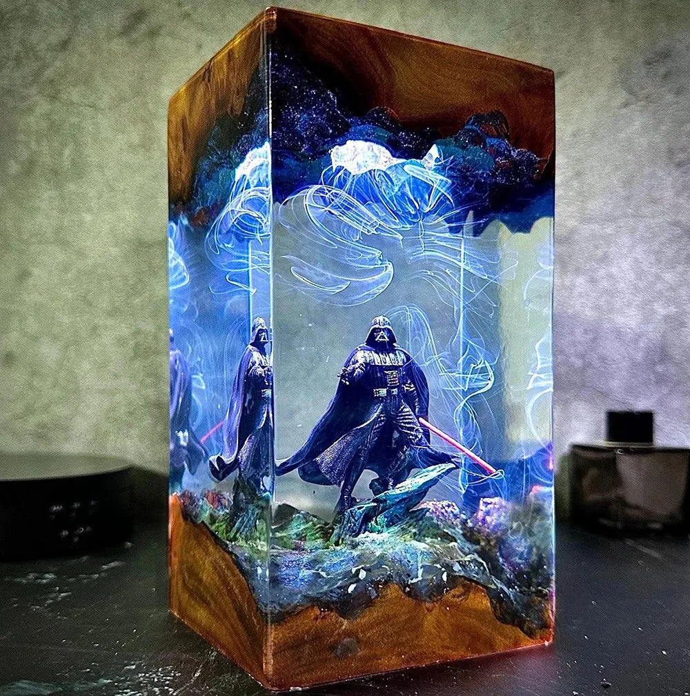 Lone Warrior Epoxy Resin Table Night Light – caped warrior with glowing sword in blue resin | Woodiny