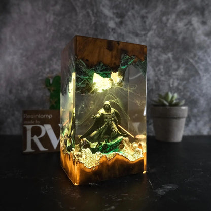 Lone Warrior epoxy resin night light in warm white light on a wooden base – Woodiny