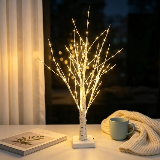 LED birch tree lamp glowing by a window at night