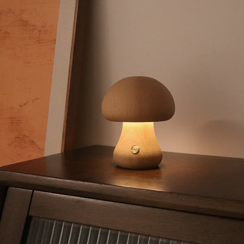 Light wood mushroom touch lamp with soft warm light – Woodiny