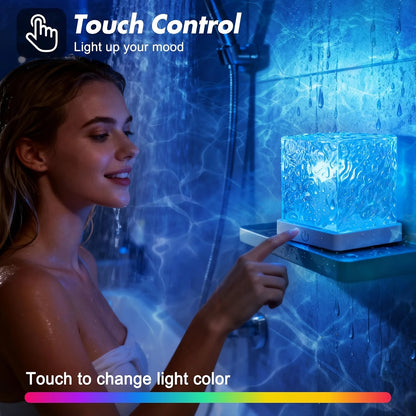Touch-control water ripple lamp changing colour in a bathroom – Woodiny