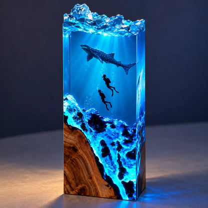 Whale Shark Encounter glow in the dark epoxy resin night light lamp with whale shark and scuba divers