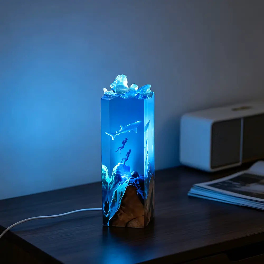Whale shark epoxy resin night light on a natural wood base with built-in LED