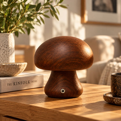 Dark wood mushroom lamp on a coffee table – Woodiny