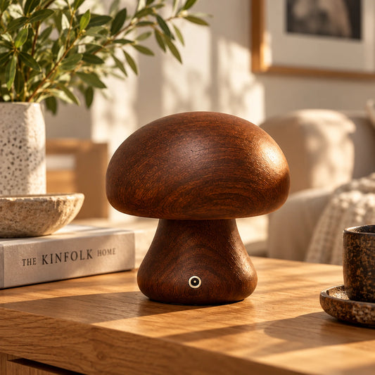 Dark wood mushroom lamp on a coffee table – Woodiny