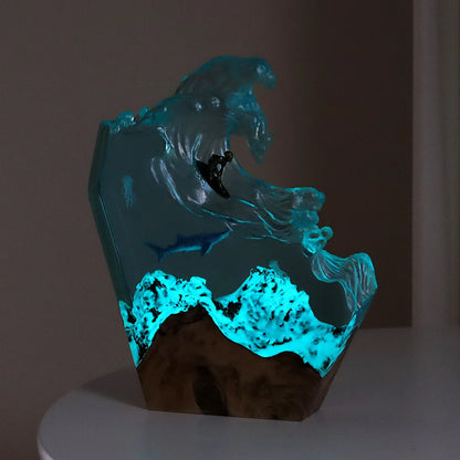 Wave resin lamp glowing ocean scene – Woodiny