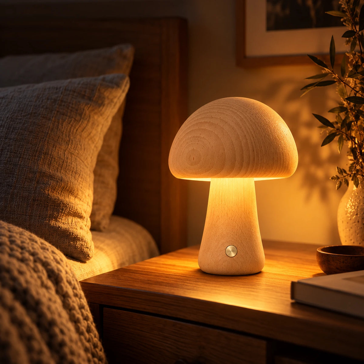 Forest Mushroom Wooden Touch Night Lamp glowing warm on a bedside table | Woodiny