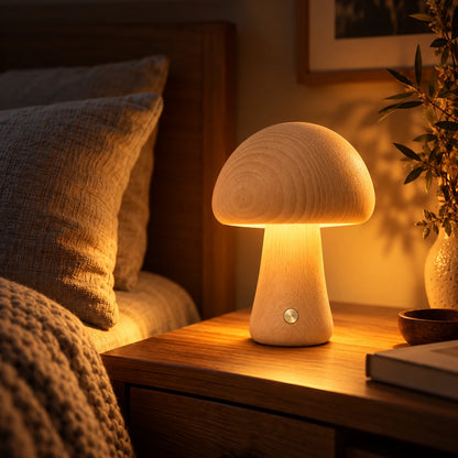 Forest Mushroom Wooden Touch Night Lamp glowing warm on a bedside table | Woodiny