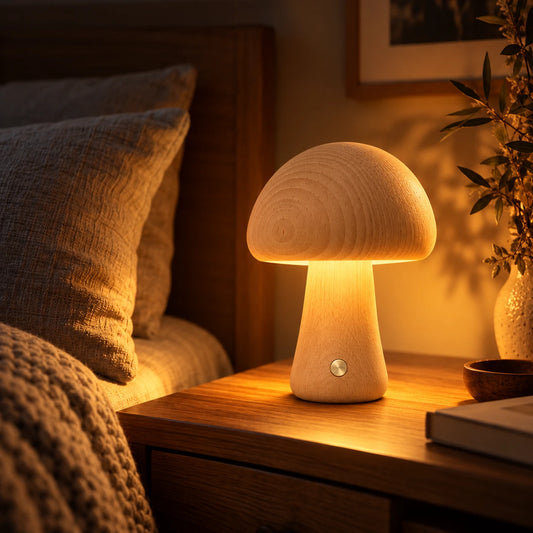 Forest Mushroom Wooden Touch Night Lamp glowing warm on a bedside table | Woodiny