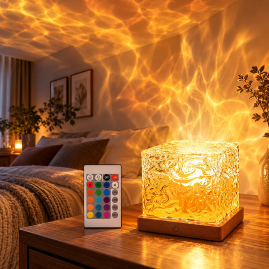 Water ripple projector lamp in warm amber light with remote control – Woodiny