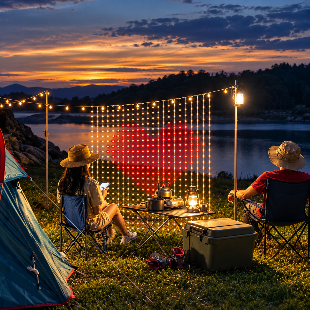 LED-Lichtvorhang mit einem Herz beim abendlichen Camping am See