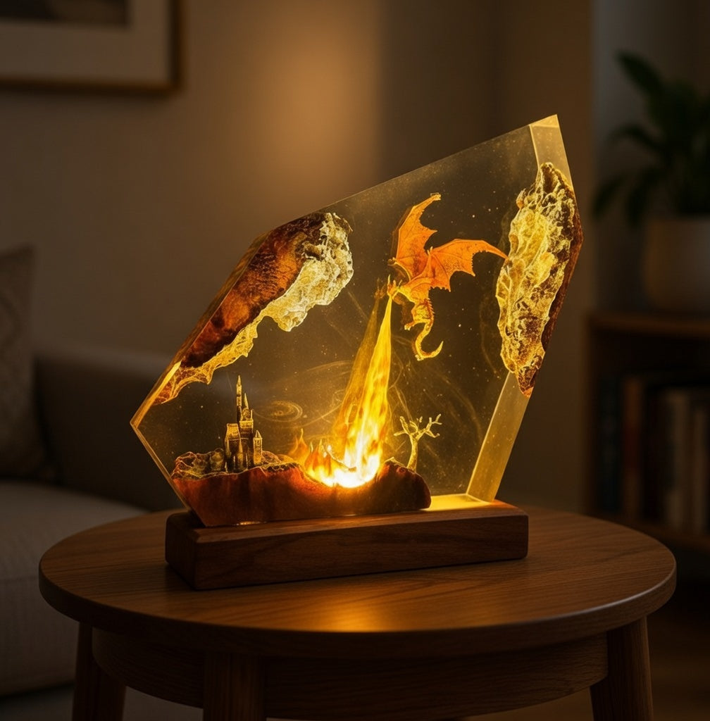 Fire dragon epoxy lamp display – Woodiny