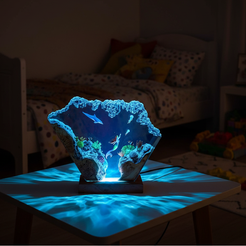 Dolphin and mermaid resin lamp glowing at night – Woodiny