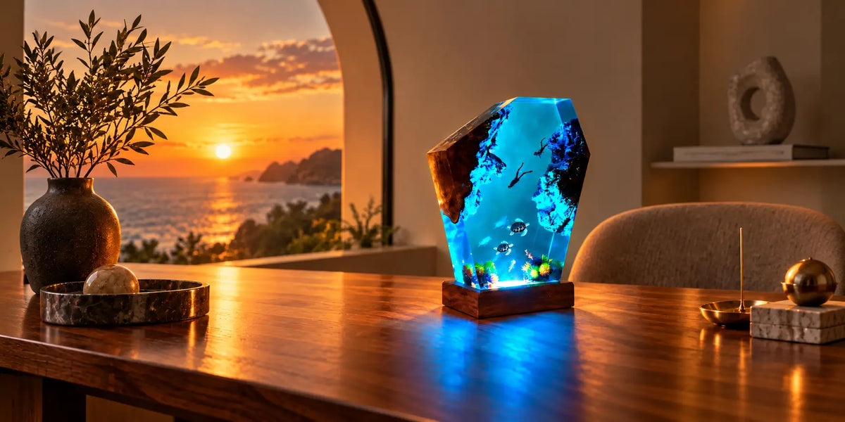 Handmade ocean epoxy resin wood lamp glowing in a cozy living room – Woodiny